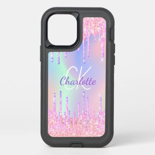 Rainbow glitter drips pink monogram OtterBox defender iPhone 12 case