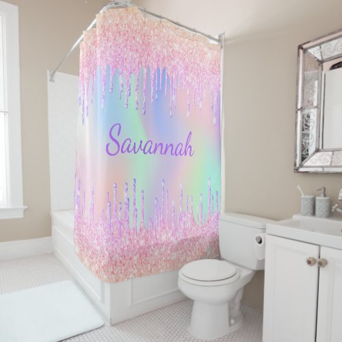 Rainbow glitter drips pink monogram shower curtain