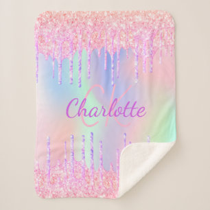 Rainbow glitter drips pink purple monogram script sherpa blanket