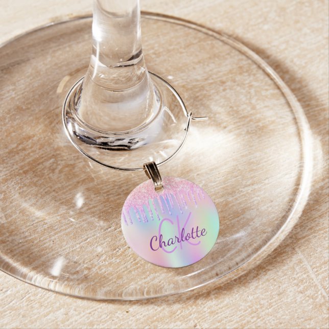 Rainbow glitter drips pink purple monogram script wine charm (In Situ)