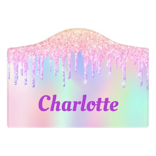 Rainbow glitter drips pink unicorn monogram name door sign