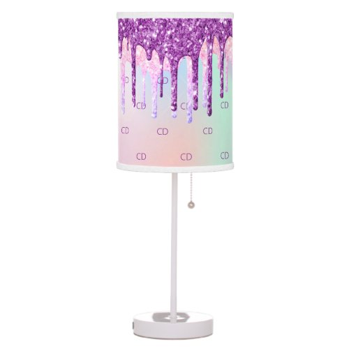 Rainbow glitter drips purple pink monogram initial table lamp
