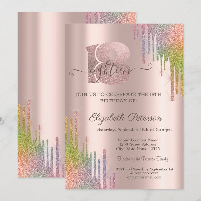 Rainbow Glitter Drips Rose Gold 18th Birthday  Invitation (Front/Back)