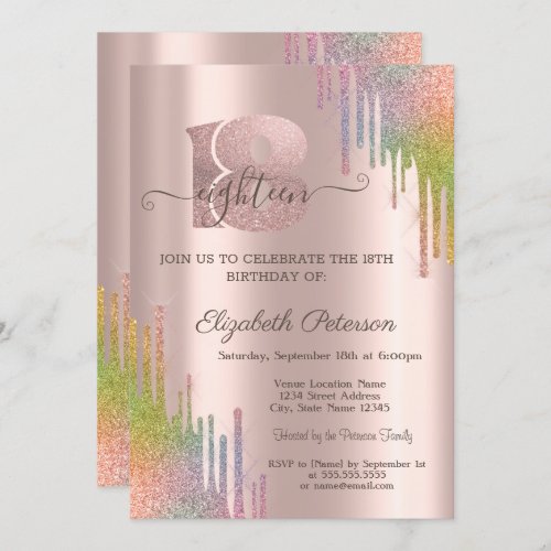 Rainbow Glitter Drips Rose Gold 18th Birthday  Invitation