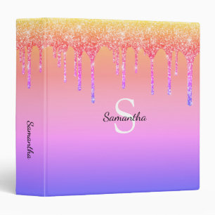 Rainbow Glitter Drips Sparkle Monogram Name 3 Ring Binder