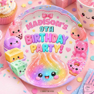 Rainbow Glitter Dumpling Squishies Birthday Party Paper Plates