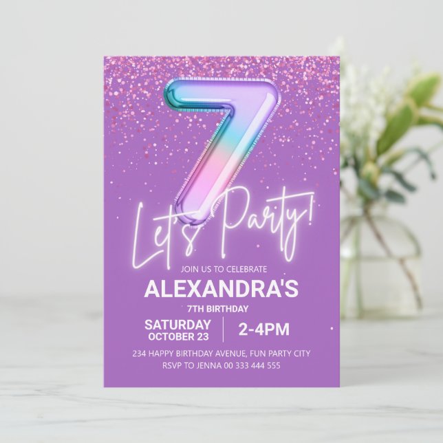 Rainbow Glitter Girl 7th Birthday Balloon Neon  Invitation (Standing Front)