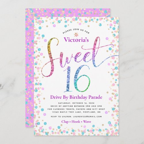 Rainbow Glitter Girly Drive By Sweet 16 Birthday Invitation