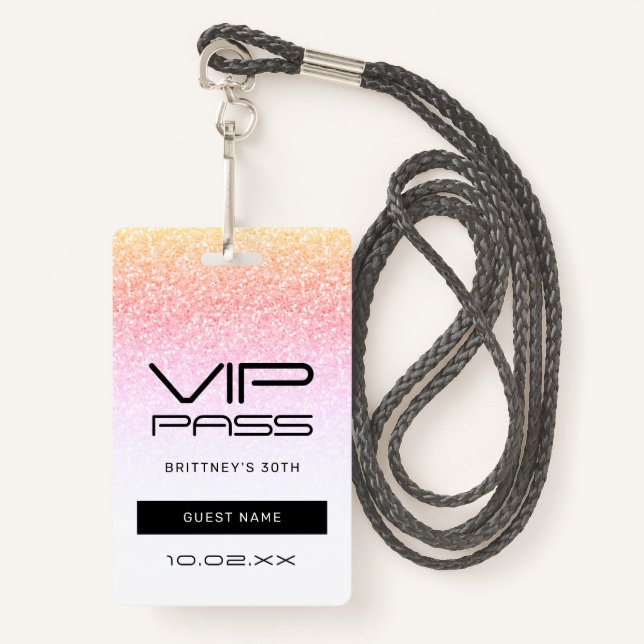 Rainbow Glitter Glam VIP Pass 30th Invitation Badge (Front with Lanyard)