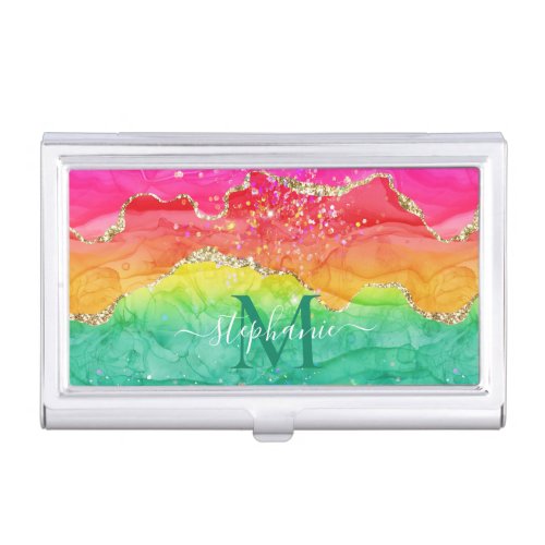 Rainbow Glitter Gold Agate Monogram Business Card Case