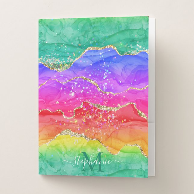 Rainbow Glitter Gold Agate Monogram Pocket Folder (Front)