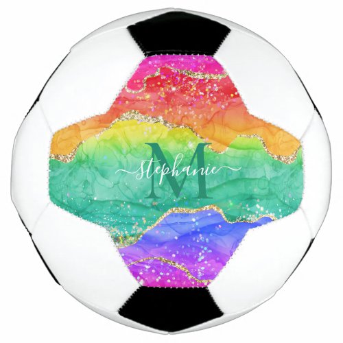 Rainbow Glitter Gold Agate Monogram Soccer Ball