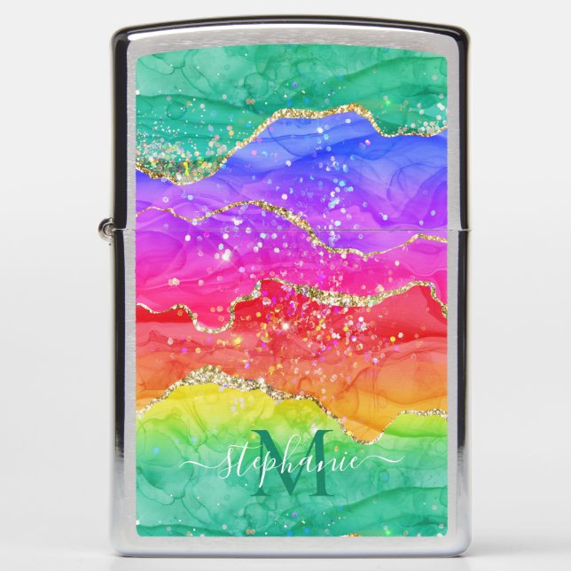 Rainbow Glitter Gold Agate Monogram Zippo Lighter (Front)