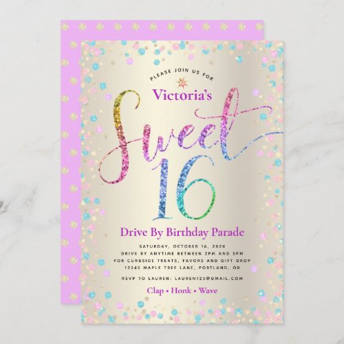 Rainbow Glitter Gold Drive By Sweet 16 Birthday Invitation