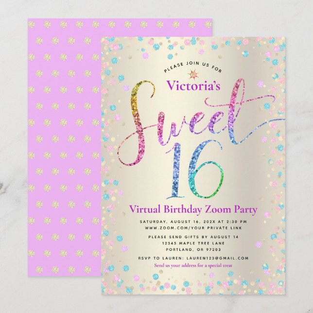 Rainbow Glitter Gold Virtual Sweet 16 Birthday Invitation (Front/Back)