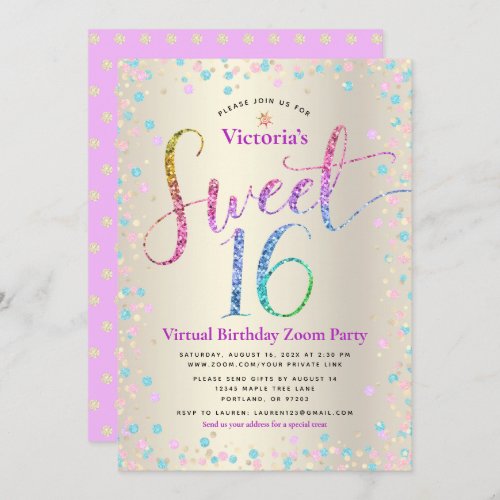 Rainbow Glitter Gold Virtual Sweet 16 Birthday Invitation