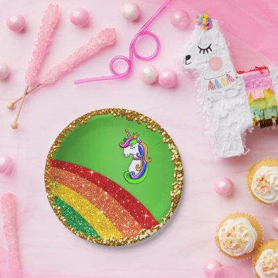 Rainbow Glitter Green Unicorn Party Paper Plates