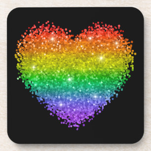 rainbow glitter heart beverage coaster