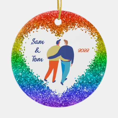 Rainbow Glitter Heart LGBT Gay Couple Christmas  Ceramic Ornament