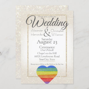Rainbow Glitter Heart on Ivory Gold Glitter Invitation