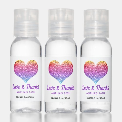 Rainbow Glitter Heart Personalized Party Favors Hand Sanitizer