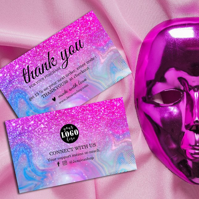 Rainbow glitter holographic thank you  business card (Sparkle and shine with gratitude! Rainbow holographic and hot pink glitter business cards)