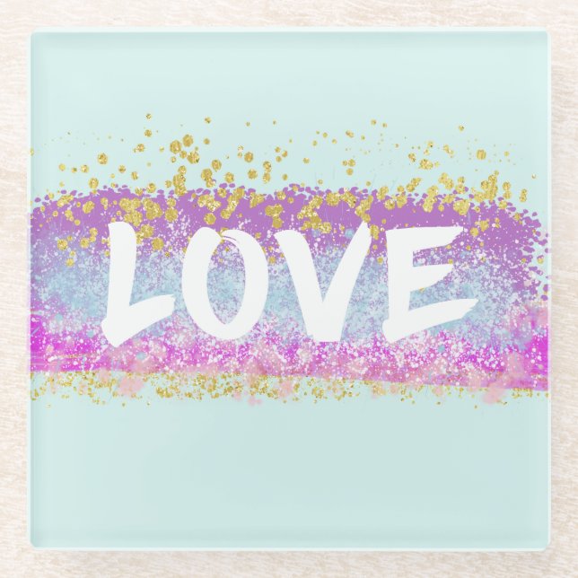 Rainbow Glitter Love Script Coaster (Front)