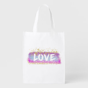 Rainbow Glitter Love Script Reusable Grocery Bag