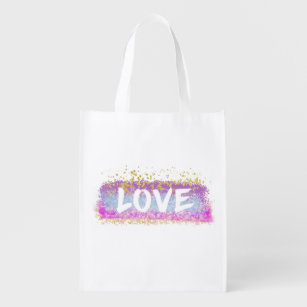 Rainbow Glitter Love Script   Reusable Grocery Bag