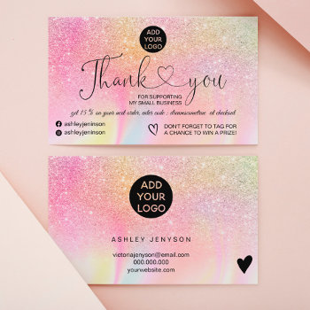 Rainbow Glitter Marble Logo Order Thank You Business Card by girly_trend at Zazzle
