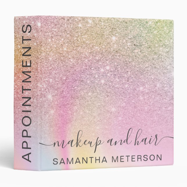 Rainbow glitter marble makeup hair appointments 3 ring binder (Front/Spine)
