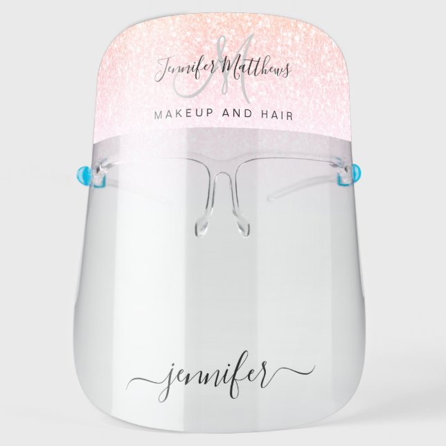 Rainbow Glitter Monogram Logo Hair Salon Name Face Shield (Front)