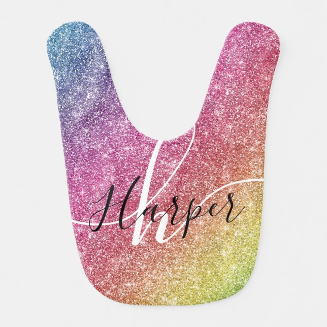 Rainbow Glitter Monogram Name Baby Bib (Front)