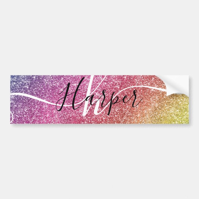 Rainbow Glitter Monogram Name Bumper Sticker (Front)
