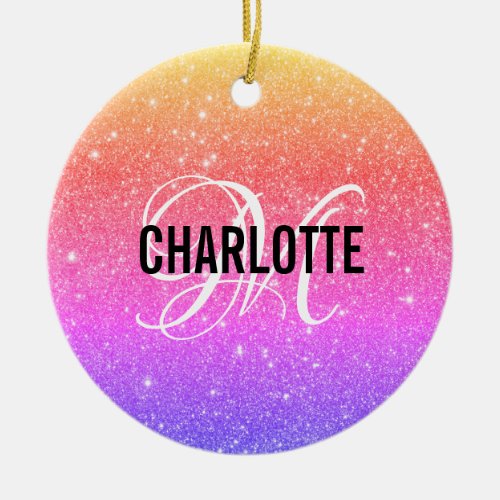 Rainbow glitter monogram name ceramic ornament