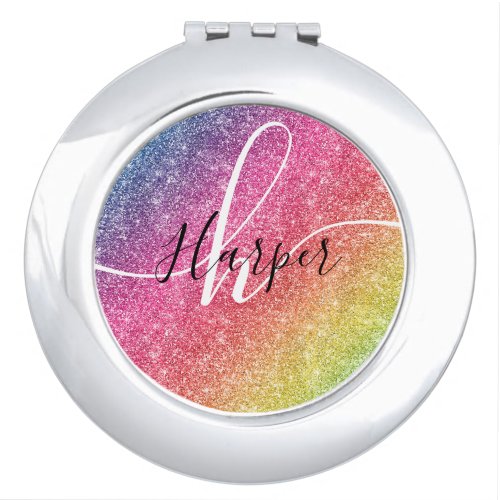 Rainbow Glitter Monogram Name Compact Mirror