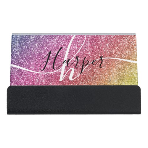 Rainbow Glitter Monogram Name Desk Business Card Holder