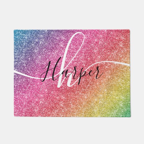 Rainbow Glitter Monogram Name Doormat