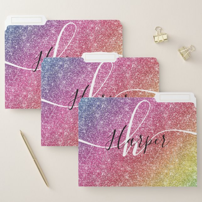 Rainbow Glitter Monogram Name File Folder (Set)