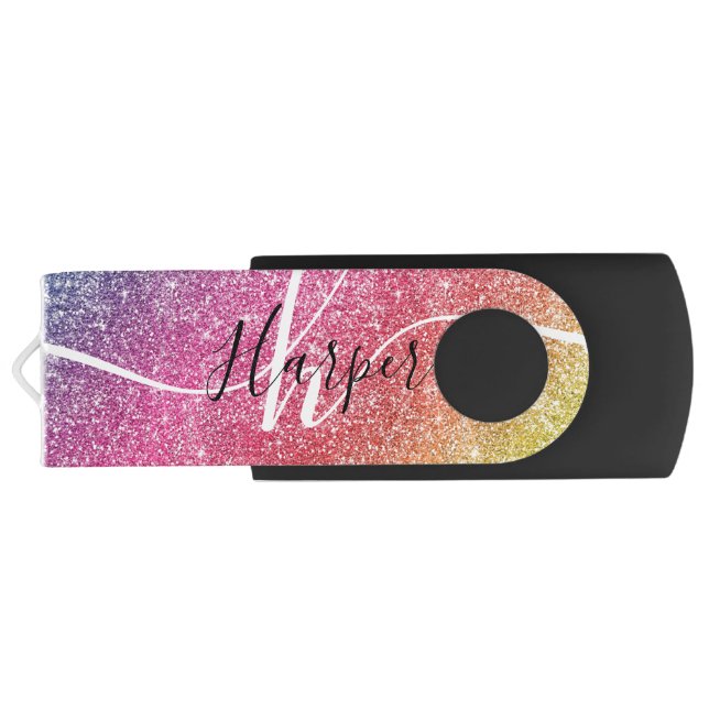 Rainbow Glitter Monogram Name Flash Drive (Back)