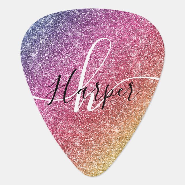 Rainbow Glitter Monogram Name Guitar Pick (Front)