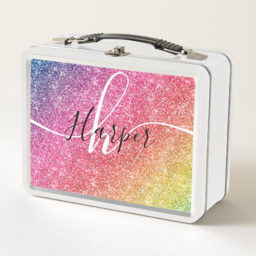 Rainbow Glitter Monogram Name Metal Lunch Box