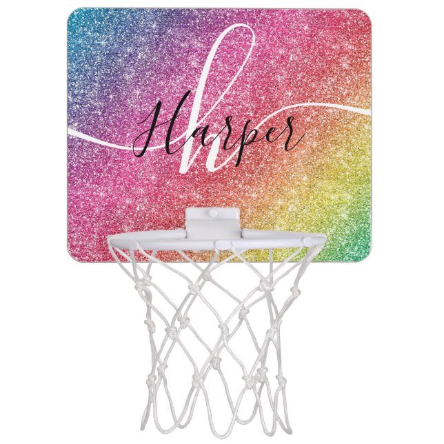 Rainbow Glitter Monogram Name Mini Basketball Hoop (Front)