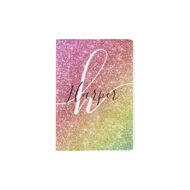 Rainbow Glitter Monogram Name Passport Holder (Front)