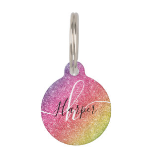 Rainbow Glitter Monogram Name Pet ID Tag