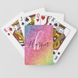 Rainbow Glitter Monogram Name Playing Cards