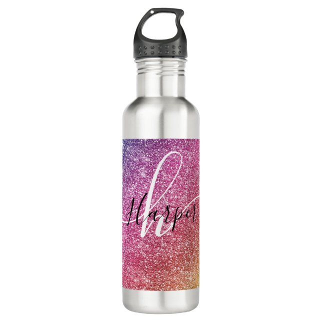 Rainbow Glitter Monogram Name Stainless Steel Water Bottle (Front)