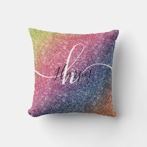 Rainbow Glitter Monogram Name Throw Cushion