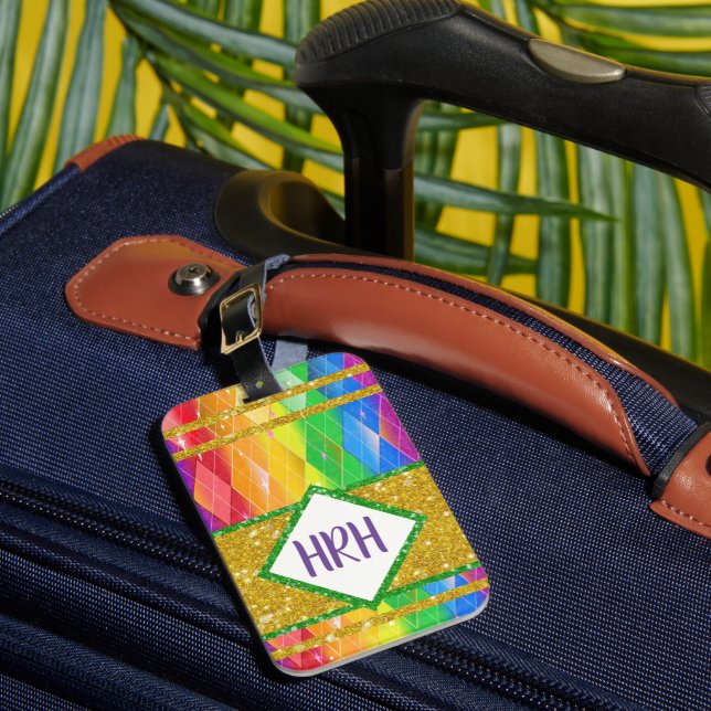 Rainbow Glitter Monogram Pride Argyle Diamond Luggage Tag (Front Insitu 1)