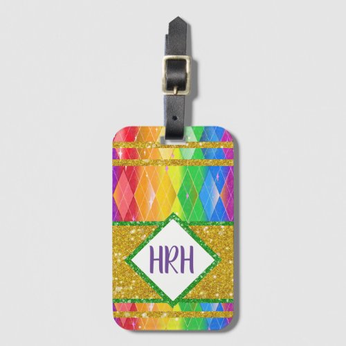 Rainbow Glitter Monogram Pride Argyle Diamond Luggage Tag